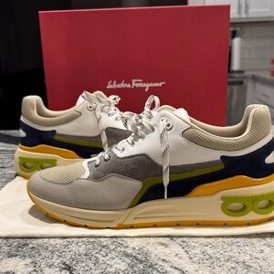 Salvatore Ferragamo Men's White, Gray, and Yellow Sneakers